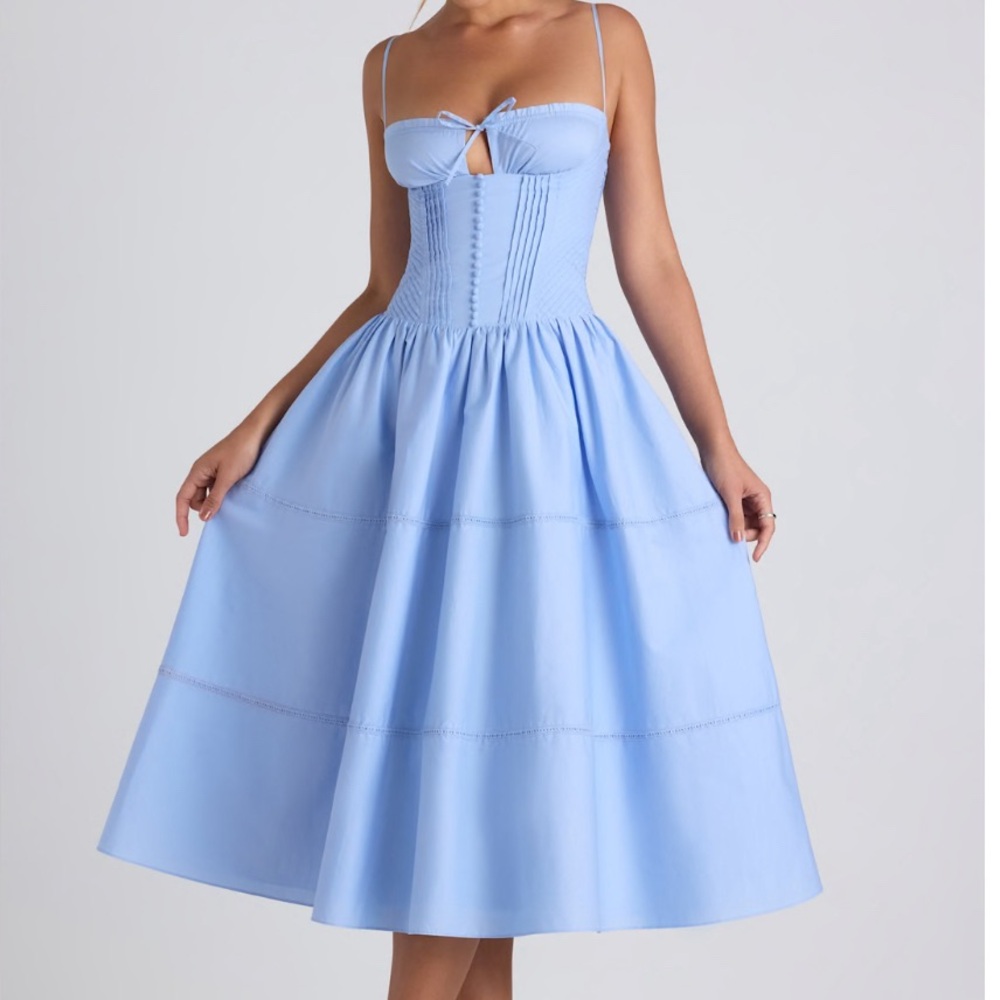 Oh Polly Lace-Trim Pintucked Poplin Midaxi Dress in Sky Blue